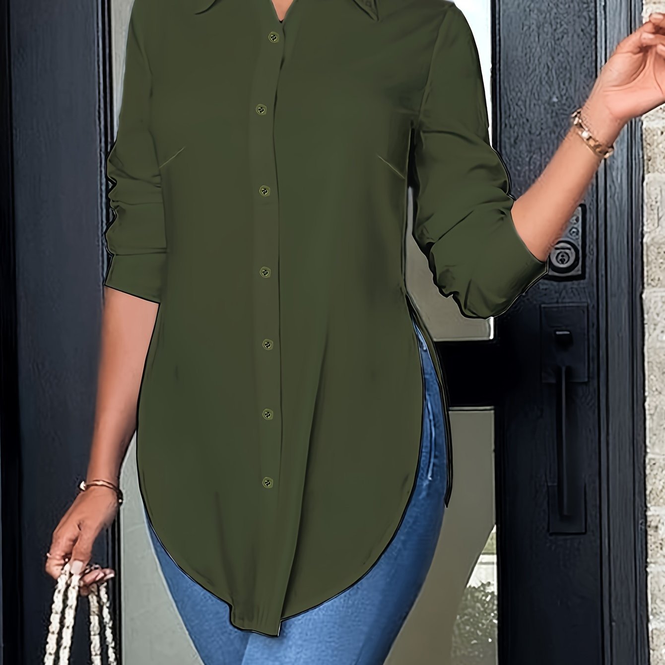 Split Button Front Shirt, Casual Long Sleeve Curved Hem Shirt, Women??s Clothing - Image 2