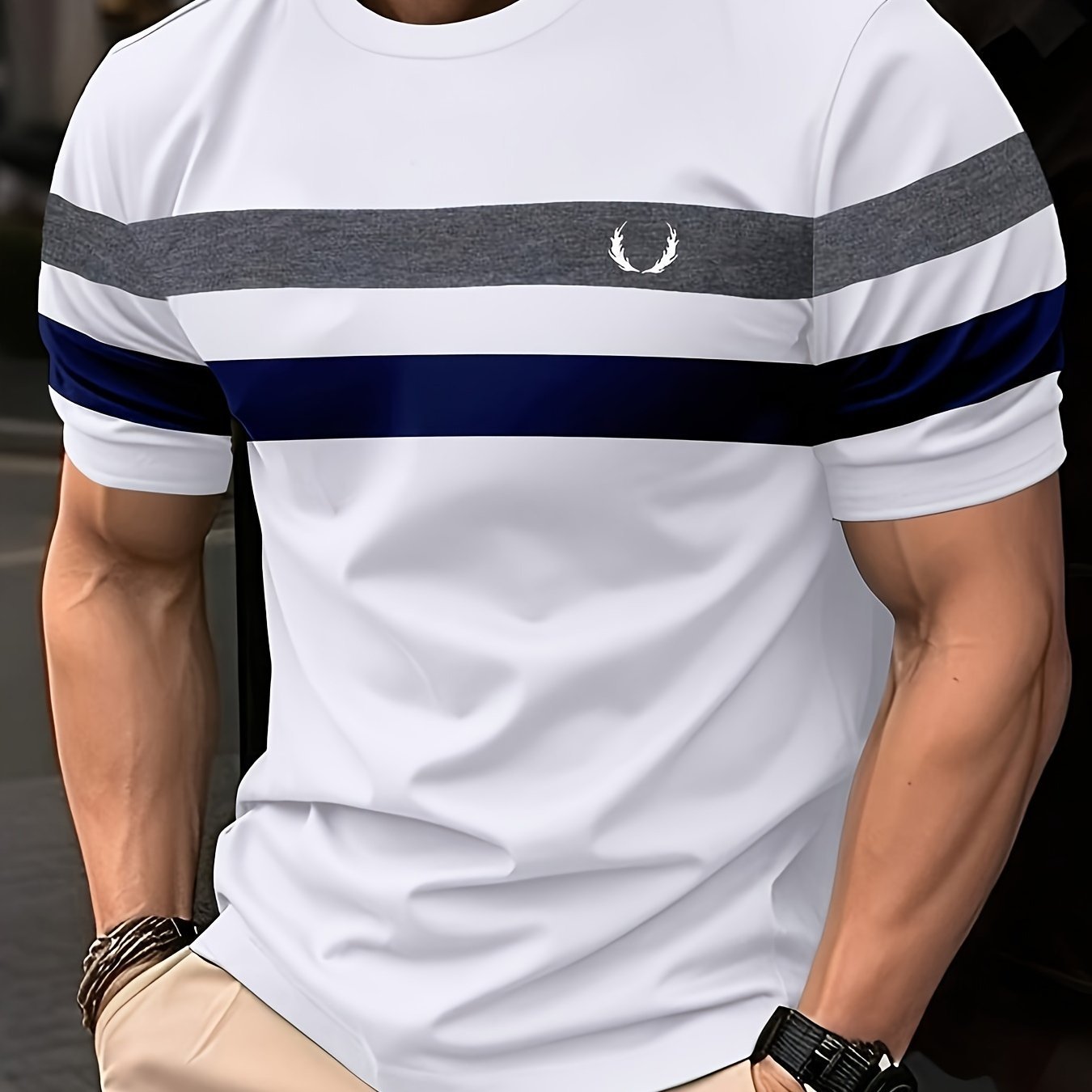 Men??s Stripe Pattern Crew Neck And Short Sleeve T-shirt, Casual And Chic Tops For Summer Outdoors Activities - Image 2
