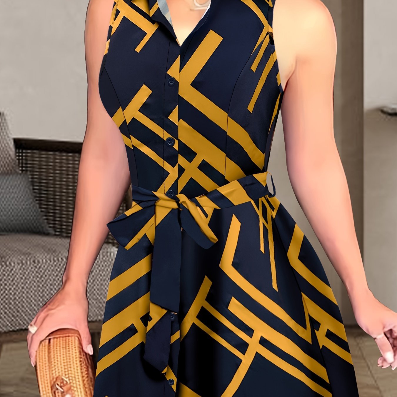 Abstract Print Button Front Sleeveless Dress, Casual Tie-waist Lapel Dress For Spring & Summer, Women??s Clothing - Image 2