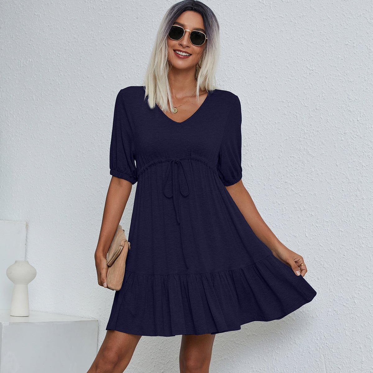 V Neck Drawstring Waist Solid Casual Mini Dress - Image 4