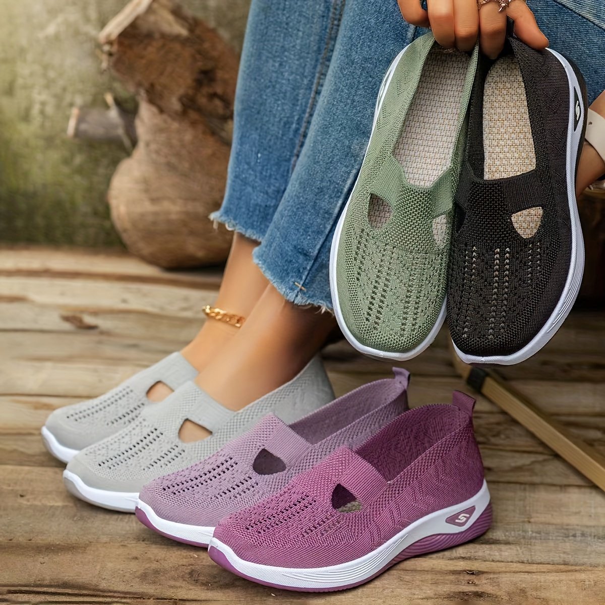 Women??s Solid Color Knitted Sneakers, Soft Sole Platform Casual Walking Shoes, Low-top Breathable Daily Shoes - Image 10