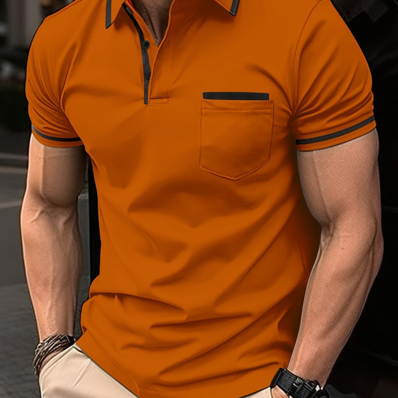 Breathable Regular Fit Men??s Chic Contrast Binding Short Sleeve Golf Shirt With Chest Pocket For Summer, Men??s Clothing - Image 7