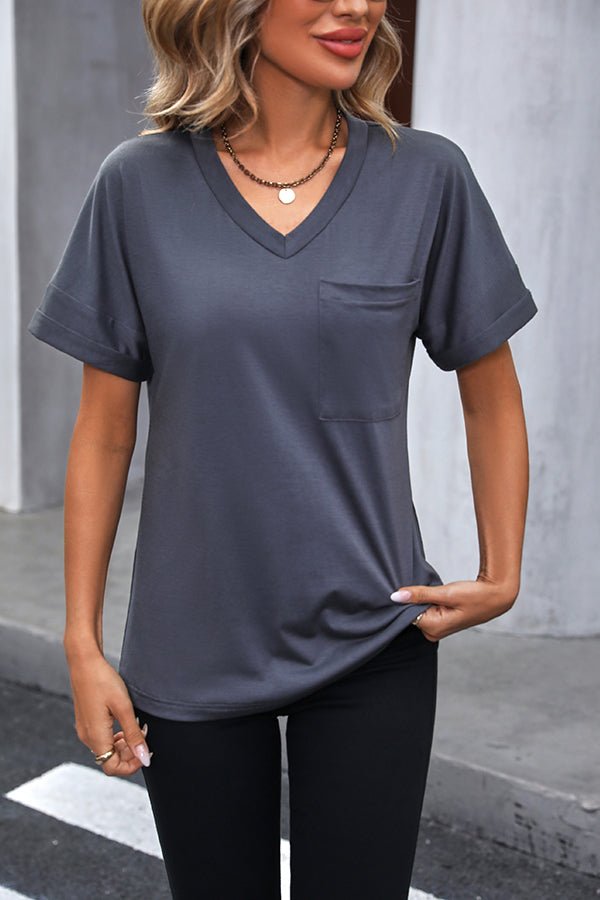 V Neck Short Sleeve Solid Casual Tops - Image 2