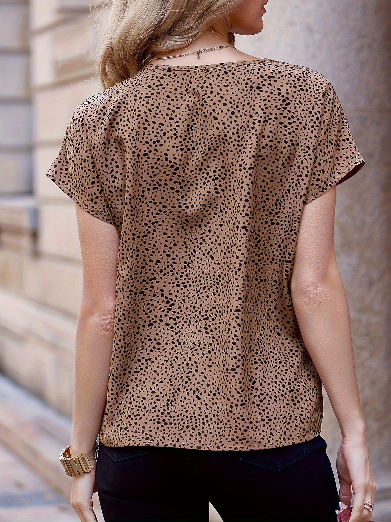 Dalmatian Print V Neck Blouse, Casual Short Sleeve Top For Spring & Summer, Women??s Clothing - Image 4