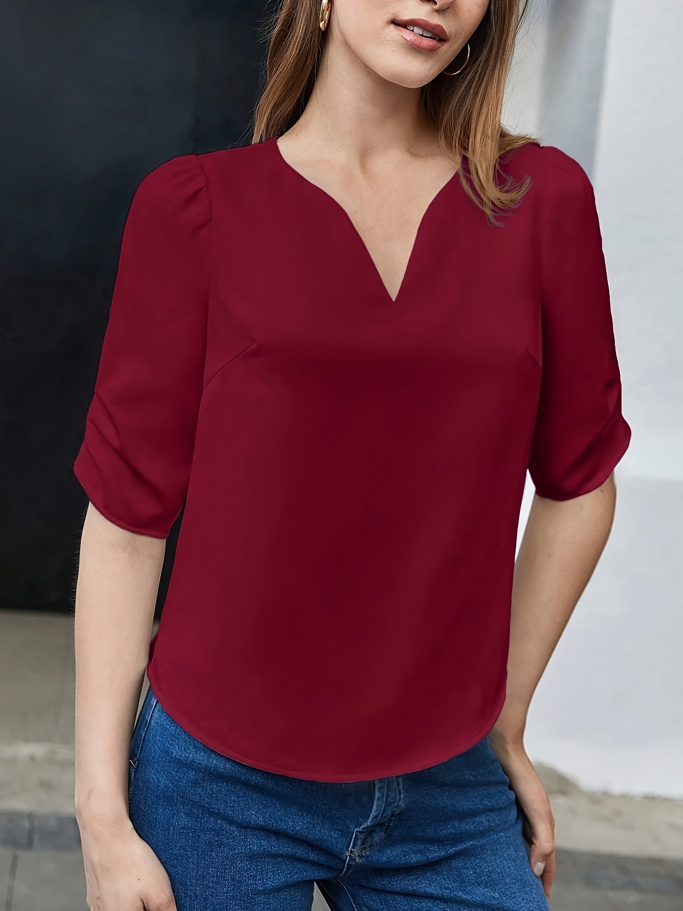Solid Color Notched Neck Blouse, Elegant Half Sleeve Blouse For Spring & Fall, Women??s Clothing - Image 6