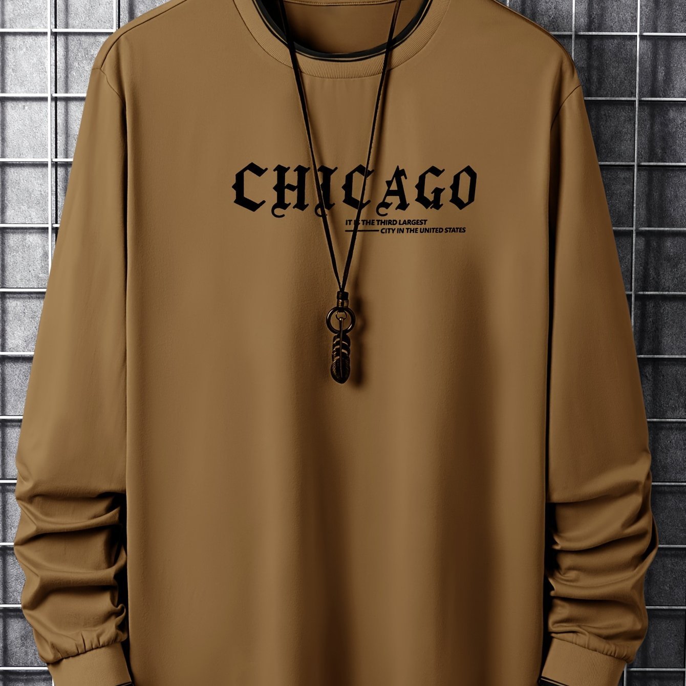 CHICAGO Print Men??s Street Daily Long Sleeve High Stretch T-shirt, Spring Fall Outdoor, Men??s Clothing - Image 3