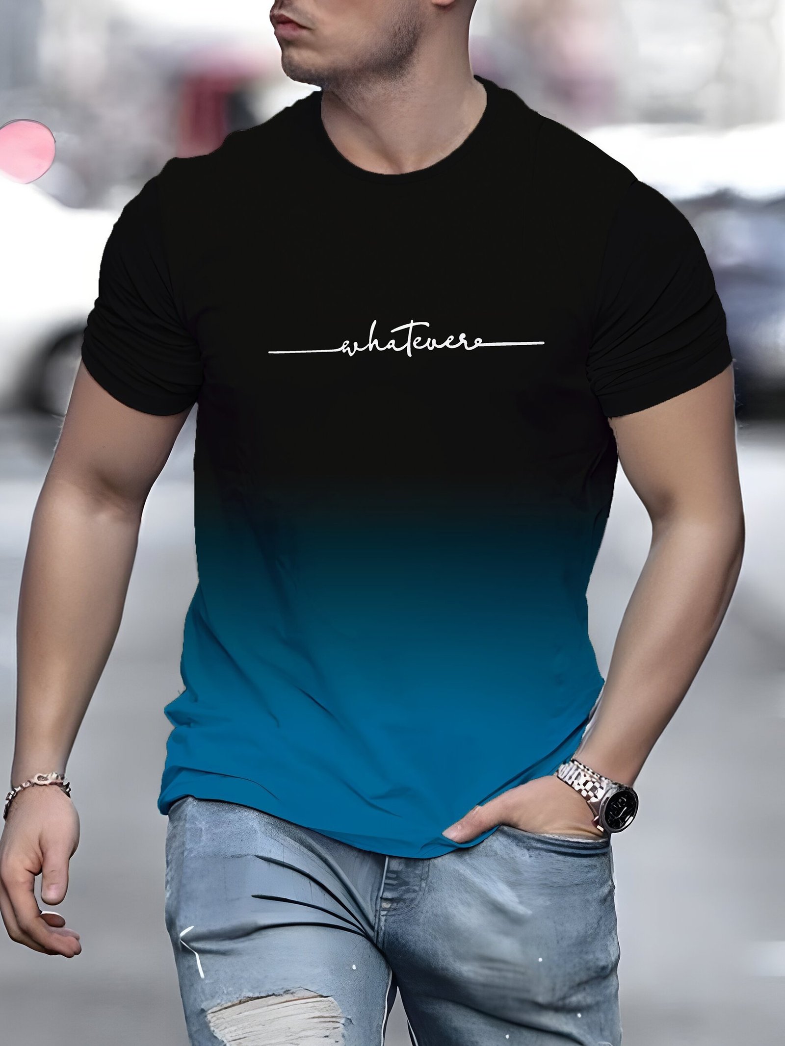 Alphabet Print Gradient Crew Neck Short Sleeve T-shirt For Men, Casual Summer T-Shirt For Daily Wear And Vacation Resorts