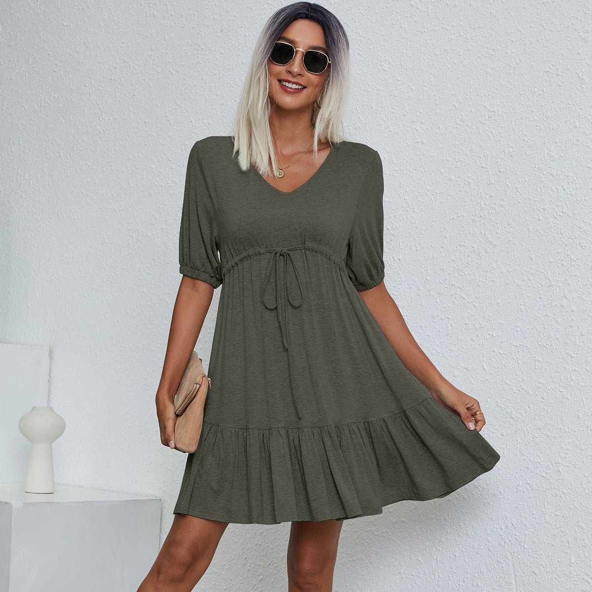 V Neck Drawstring Waist Solid Casual Mini Dress - Image 4