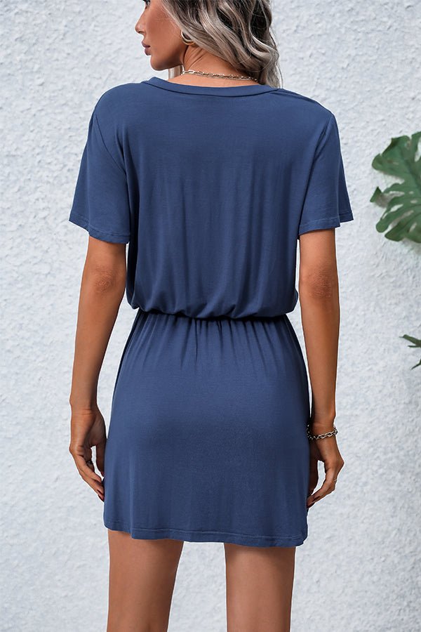 Solid Color V Neck Short Sleeve Casual Mini Dress - Image 6