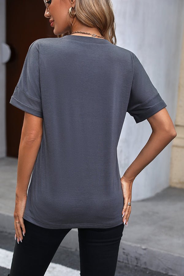 V Neck Short Sleeve Solid Casual Tops - Image 5
