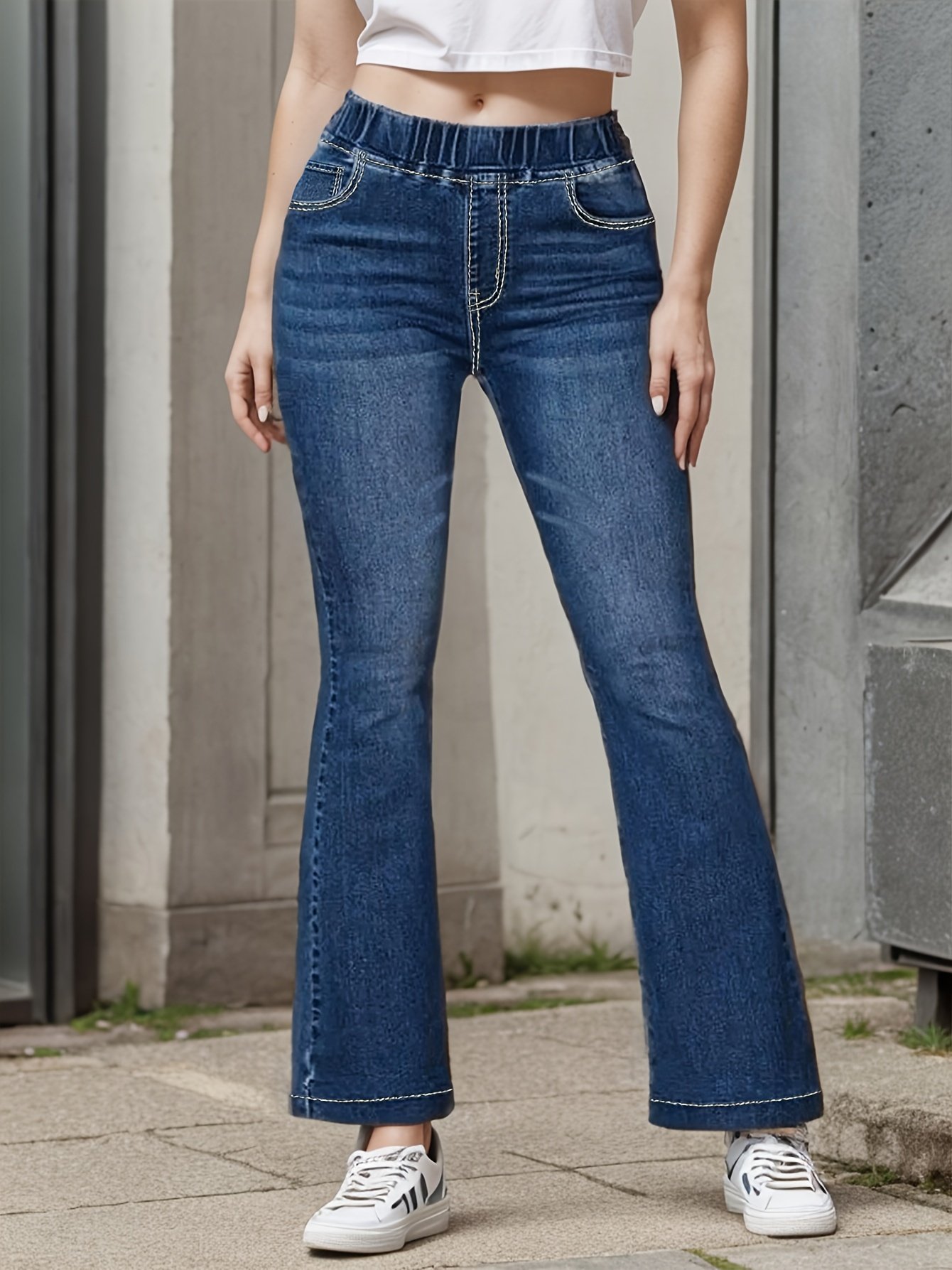 Elastic Waist Bell Bottom Jeans, Slash Pocket Fashion Casual Denim Pants, Women??s Denim Jeans & Clothing - Image 3
