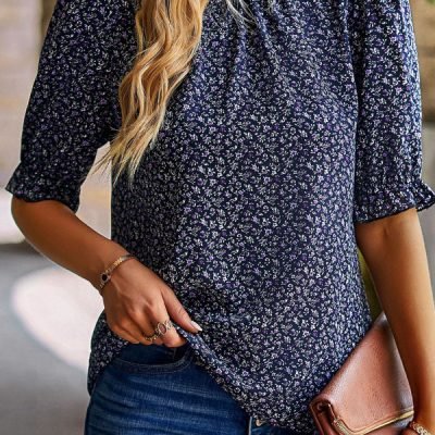 Floral Print Short Sleeve Ruffled Casual Tops