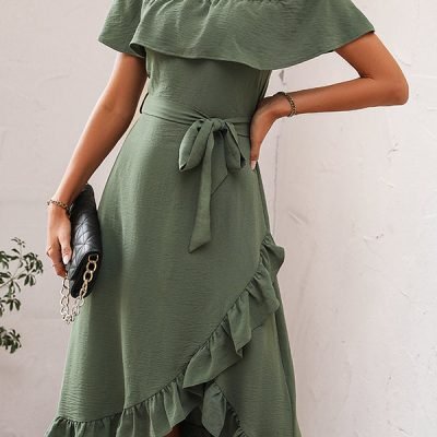 Ruffle Design Solid Round Neck Casual Dress