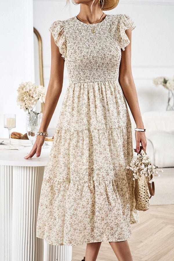 Floral Print Smocked Round Neck Casual Dress - Image 2