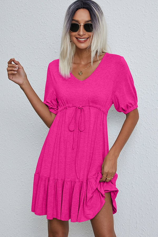 V Neck Drawstring Waist Casual Mini Dress - Image 2