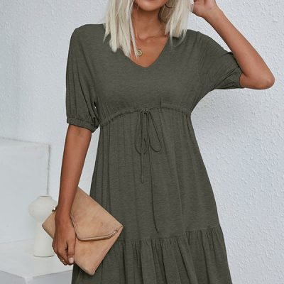 V Neck Drawstring Waist Solid Casual Mini Dress