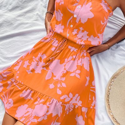 Floral Print Strapless Tie Waist Casual Dress