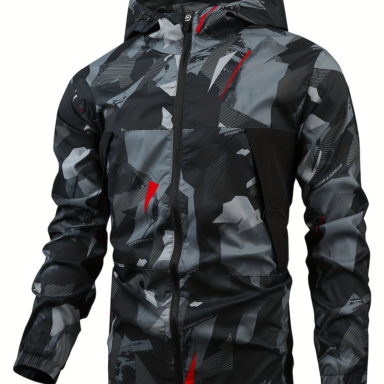 Geometric Pattern Design Men??s Color Blocked Zip Up Hooded Indbreaker, Suitable For Outdoor Hiking, Camping And Travel In All Seasons - Image 4
