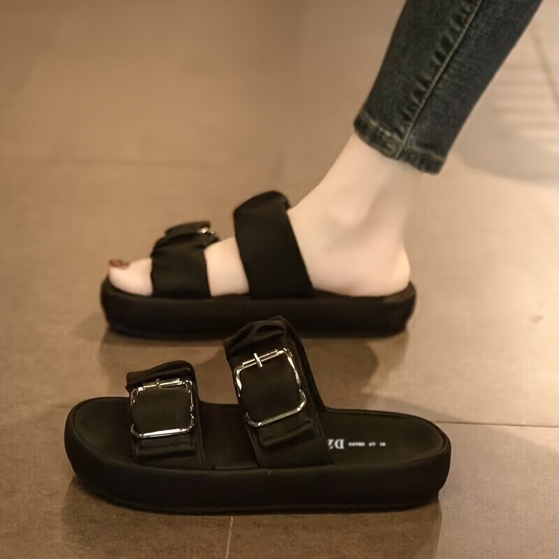 Women??s Double Buckle Strap Design Slide Sandals, Casual Open Toe Summer Shoes, Comfortable Slip On Shoes - Image 3