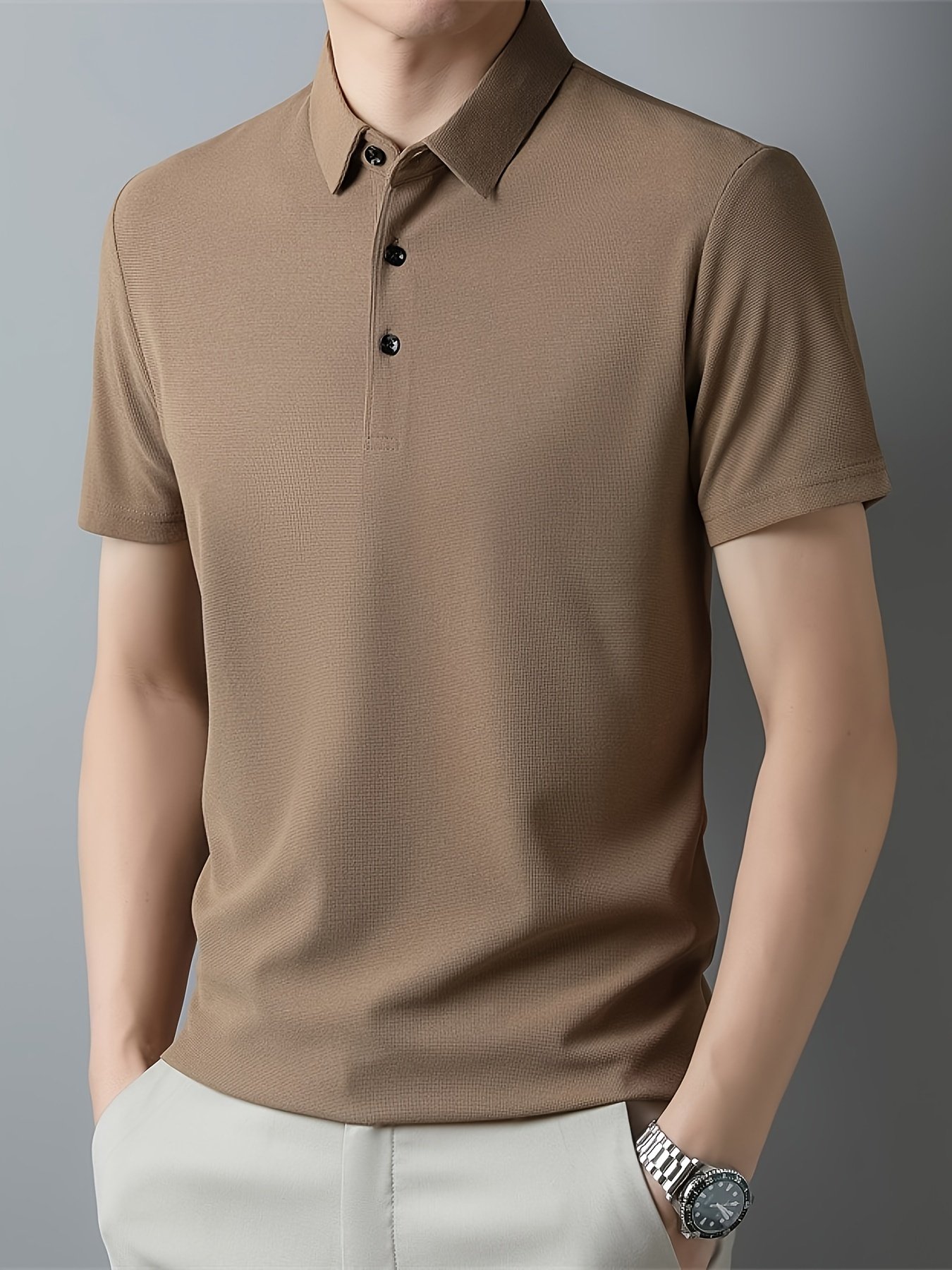 Men??s Solid Short Sleeve And Lapel Collar Henley Shirt, Casual And Comfy Sports Tops For Summer Golf Wear And Outdoors Activities - Image 13