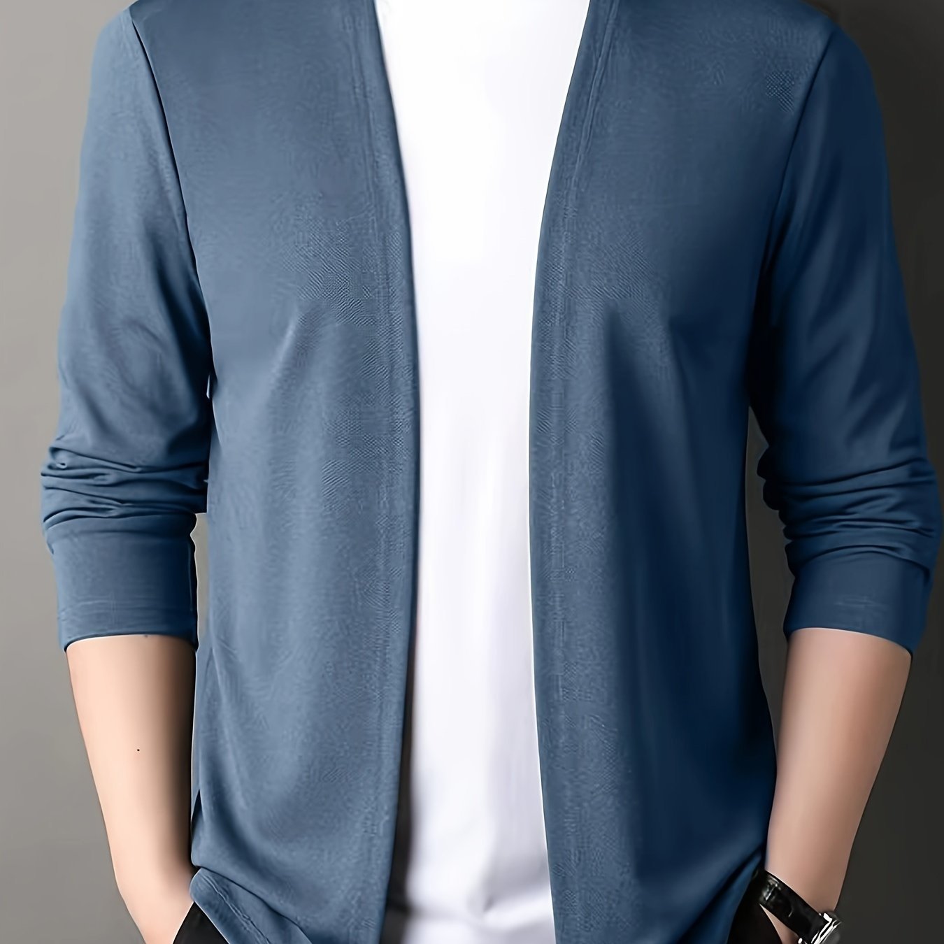 Men??s Solid Knitted Cardigan, Casual Breathable Long Sleeve Slim-fit Open Front Sweater For Outdoor Activities - Image 4