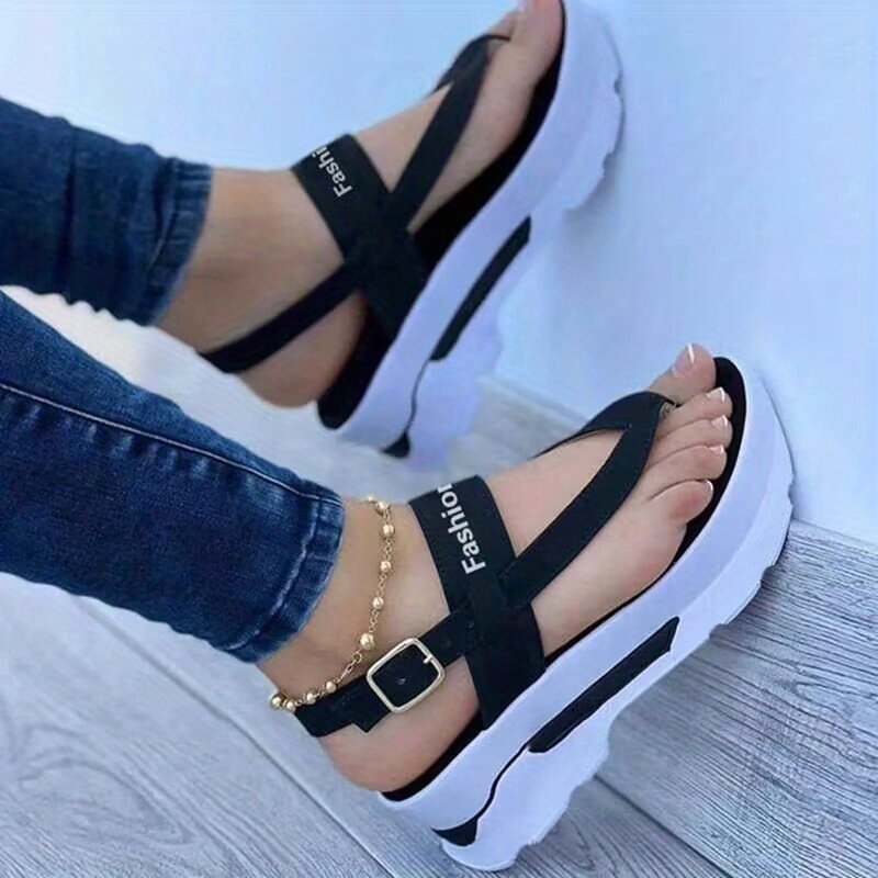 Women??s Platform Thong Sandals, Solid Color Letter Buckle Strap Slingback Shoes, Outdoor Summer Sandals - Image 2