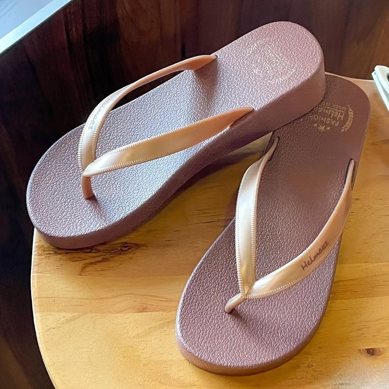 Women??s Summer Solid Color Wedge Flip Flops, Fashionable Slip On Lightweight Beach Slides, Non-Slip Durable Sole Slides - Image 2