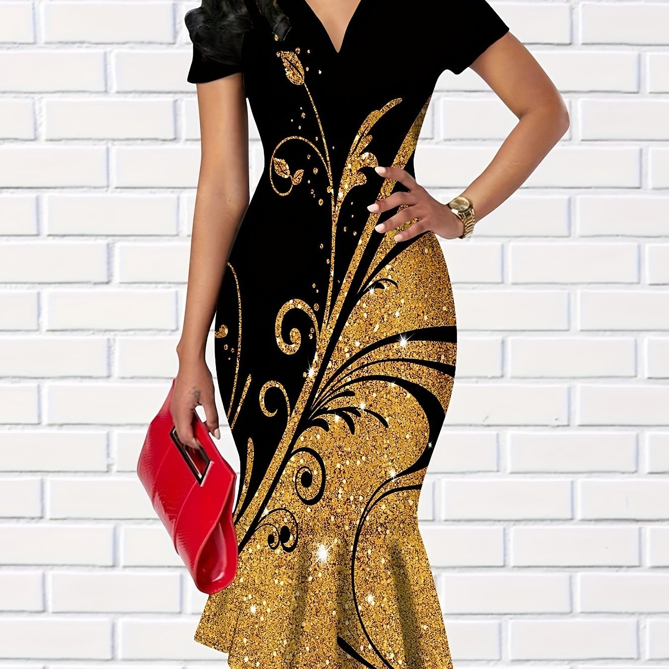 Graphic Print V-neck Dress, Elegant Ruffle Trim Bodycon Dress For Spring & Summer, Women??s Clothing - Image 2