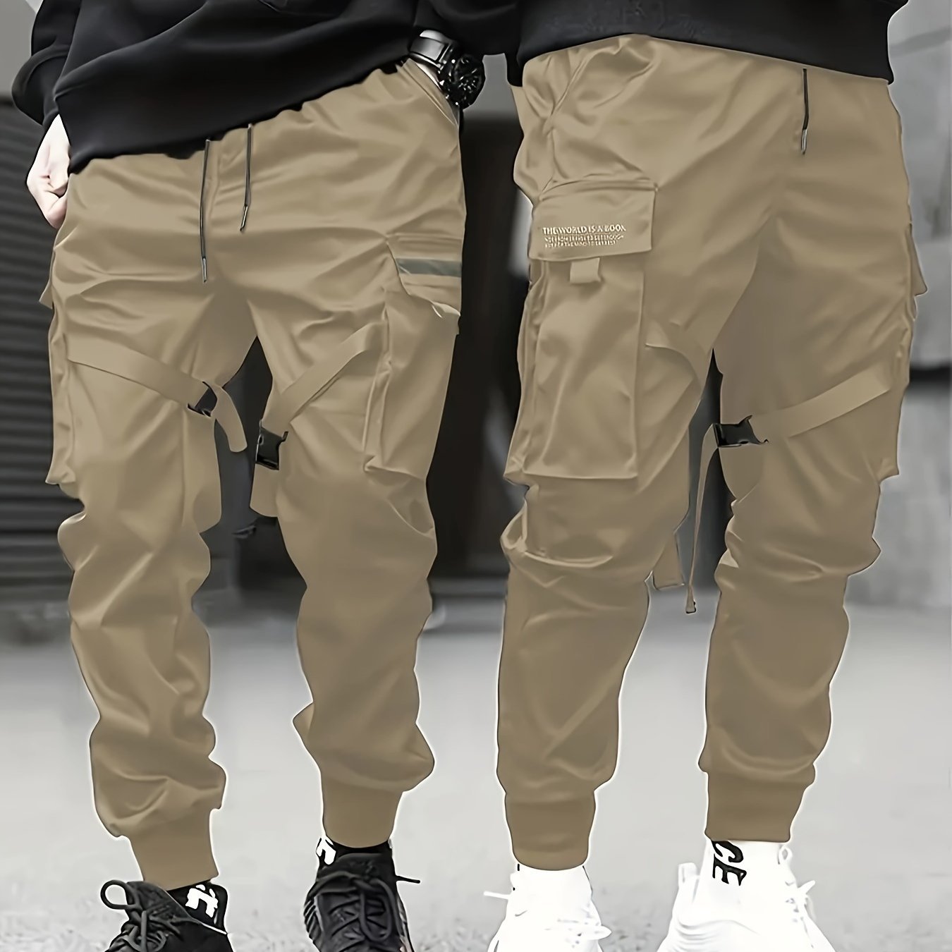Trendy Solid Cargo Pants, Men??s Multi Flap Pocket Trousers, Loose Casual Outdoor Pants, Men??s Work Pants Outdoors techwear Hip Hop Style - Image 4