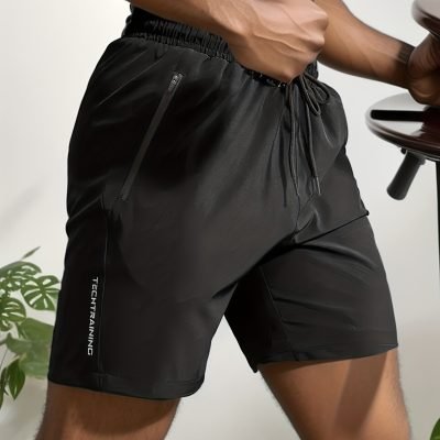 Quick Drying Comfy Active Shorts, Men??s Casual Zipper Pockets Stretch Waist Drawstring Shorts For Summer Gym Workout Training