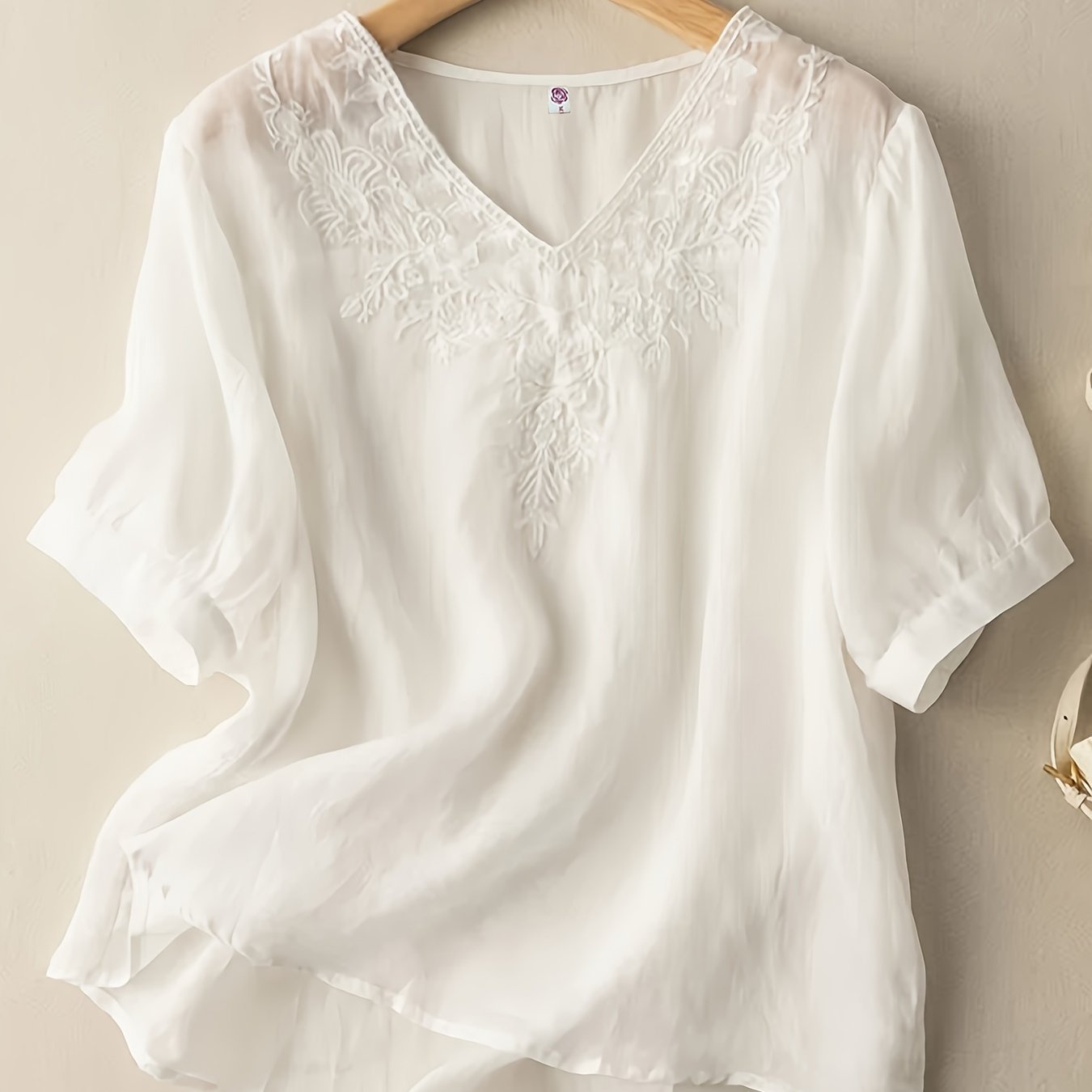 Floral Embroidery V Neck T-shirt, Vintage Half Sleeve Loose T-shirt For Spring & Summer, Women??s Clothing - Image 4