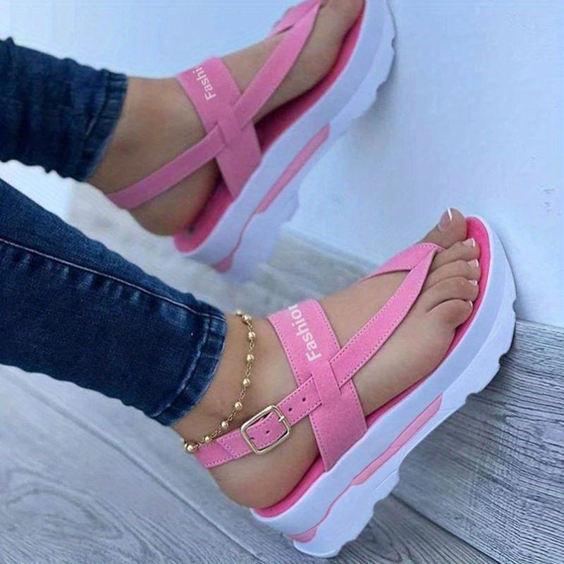 Women??s Platform Thong Sandals, Solid Color Letter Buckle Strap Slingback Shoes, Outdoor Summer Sandals - Image 3