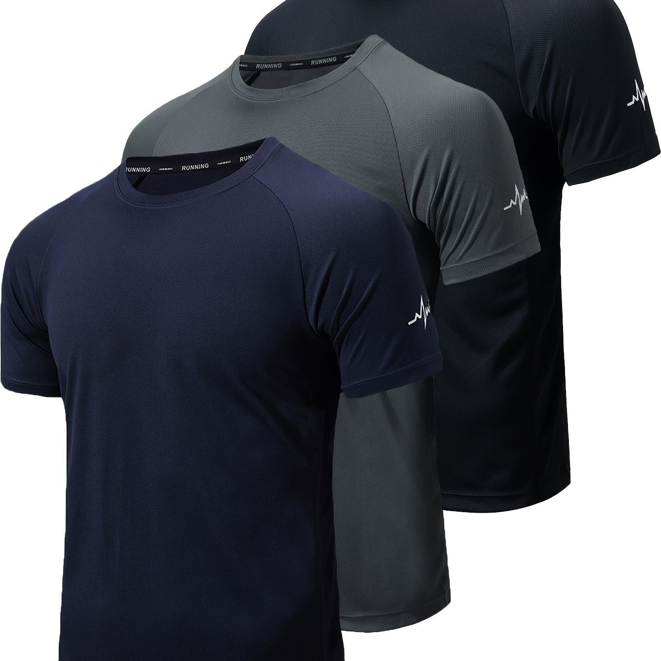 3pcs Men??s Athletic Short Sleeve Crew Neck Moisture-wicking Shirts, Undershirt With Sleeve Electrocardiography Print, Sports Comfy Tee - Image 2