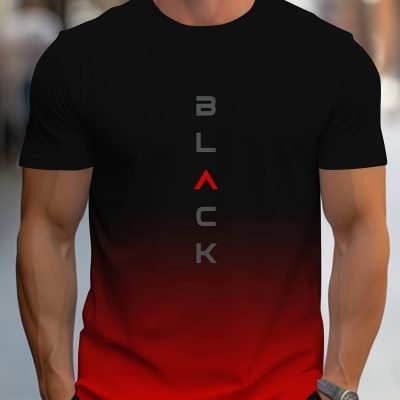 Men??s Gradient Color Black Graphic Print T-shirt, Short Sleeve Crew Neck Tee, Men??s Clothing For Outdoor