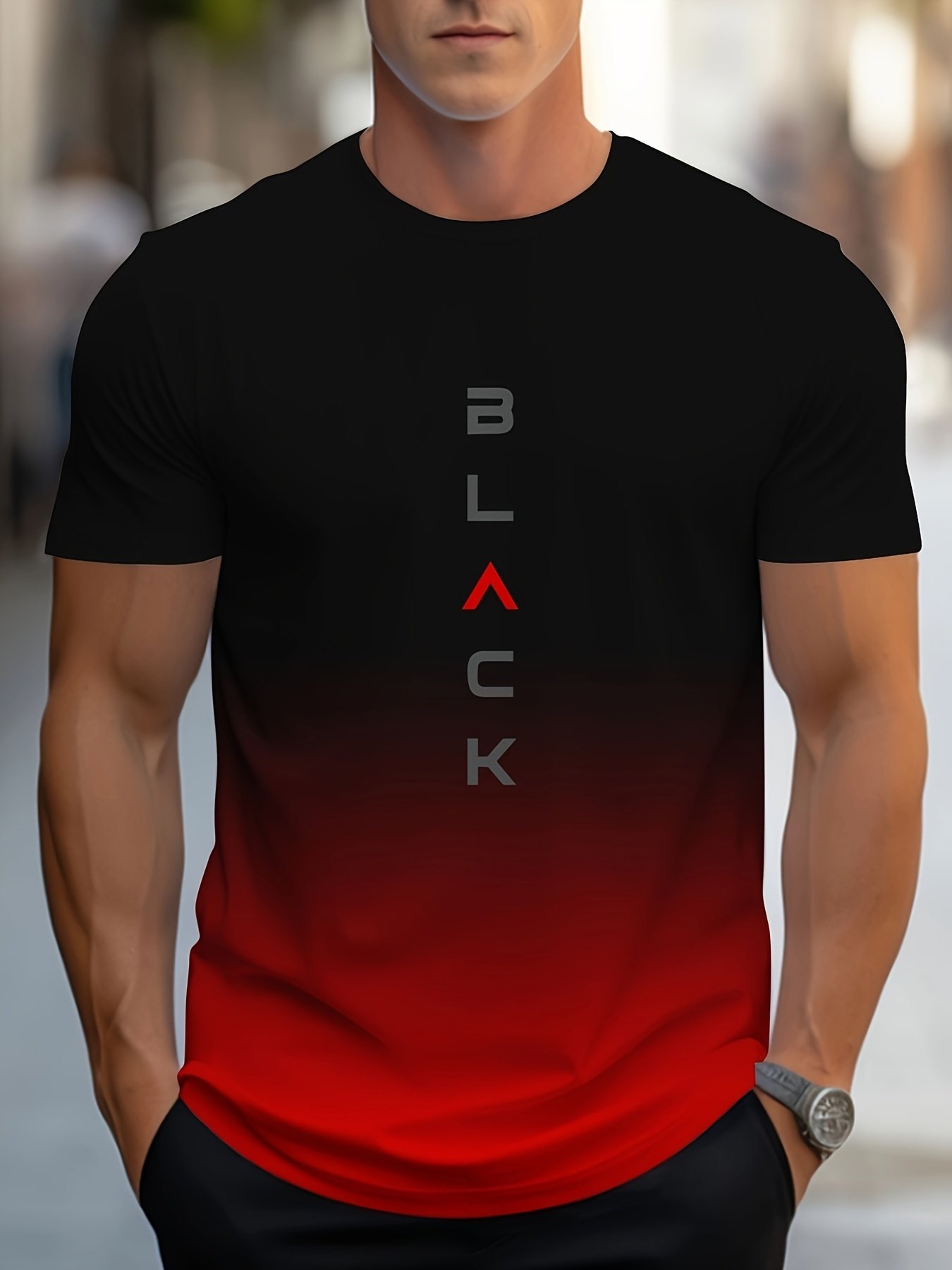 Men??s Gradient Color Black Graphic Print T-shirt, Short Sleeve Crew Neck Tee, Men??s Clothing For Outdoor