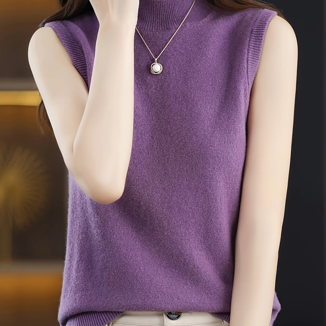 Solid Knit Mock Neck Tank Top, Casual Sleeveless Tank Top, Women??s Clothing - Image 7