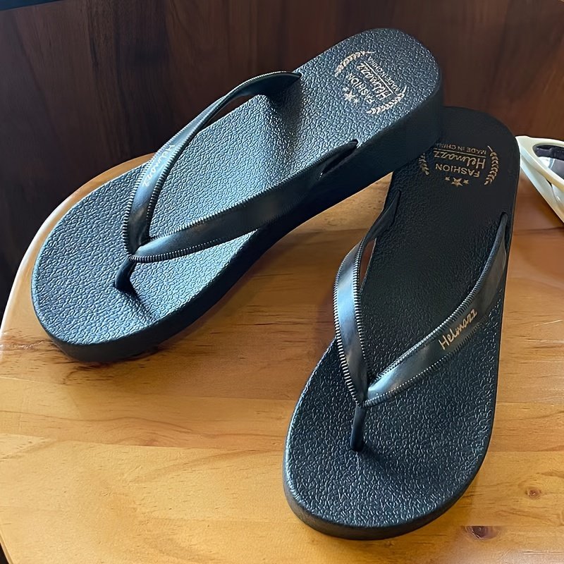 Women??s Summer Solid Color Wedge Flip Flops, Fashionable Slip On Lightweight Beach Slides, Non-Slip Durable Sole Slides - Image 5