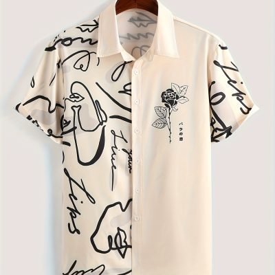 Men??s Stylish Loose Giraffe Print Shirt, Casual Breathable Lapel Button Up Short Sleeve Shirt For Summer Outdoor Activities