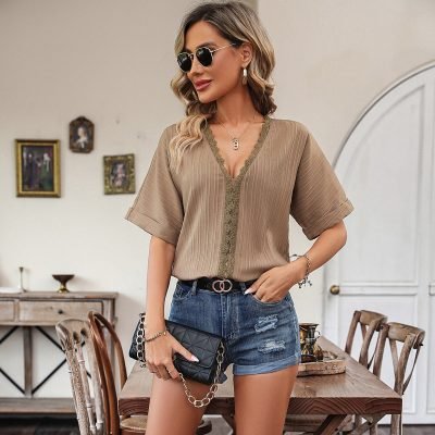 V Neck Patchwork Solid Casual Tops