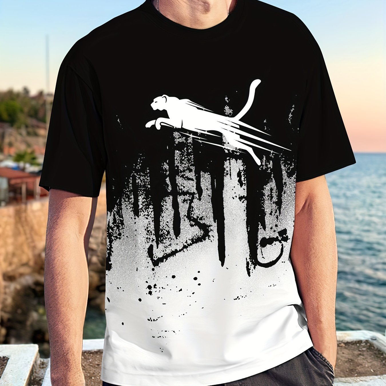 Men??s Gradient Color Running Leopard And Paint Mark Pattern Print T-shirt With Crew Neck And Short Sleeve, Perfect Tops For Outdoors Activities - Image 2
