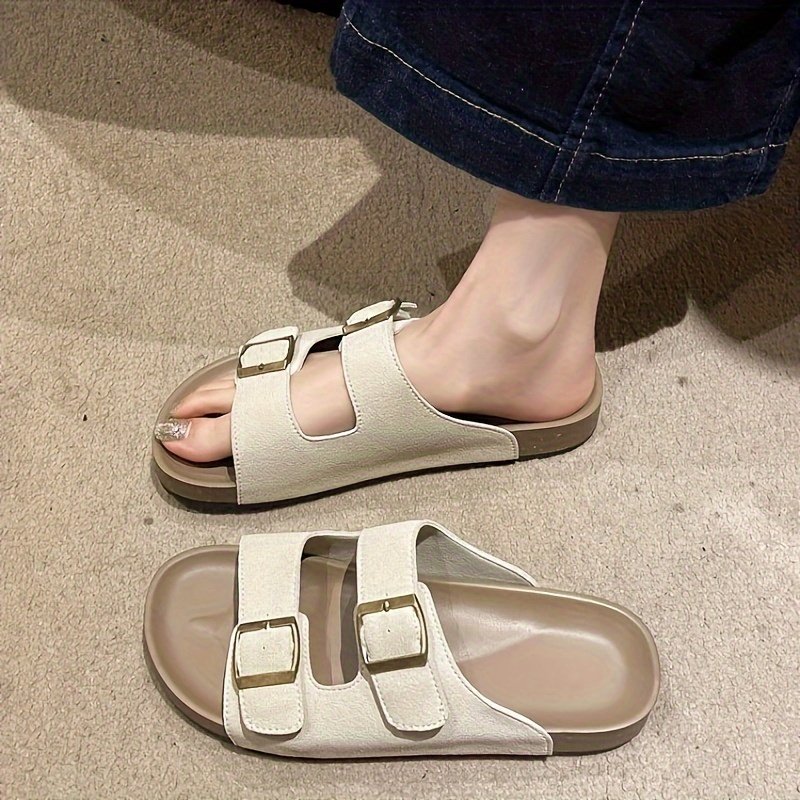 Women??s Solid Color Casual Sandals, Platform Slip On Double Adjustable Buckle Beach Slides, Casual Seaside Daily Footwear