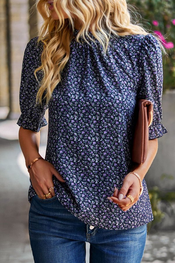 Floral Print Short Sleeve Ruffled Casual Tops - Image 3