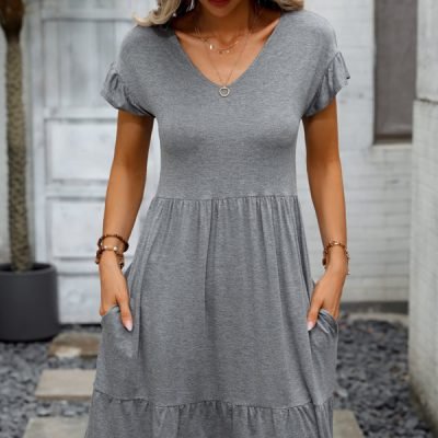 Solid Color V Neck Casual Mini Dress