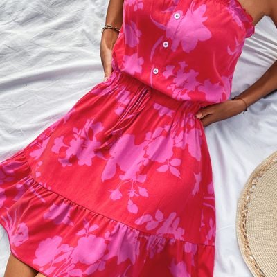 Fashion Floral Print Strapless Tie Waist Casual Dress