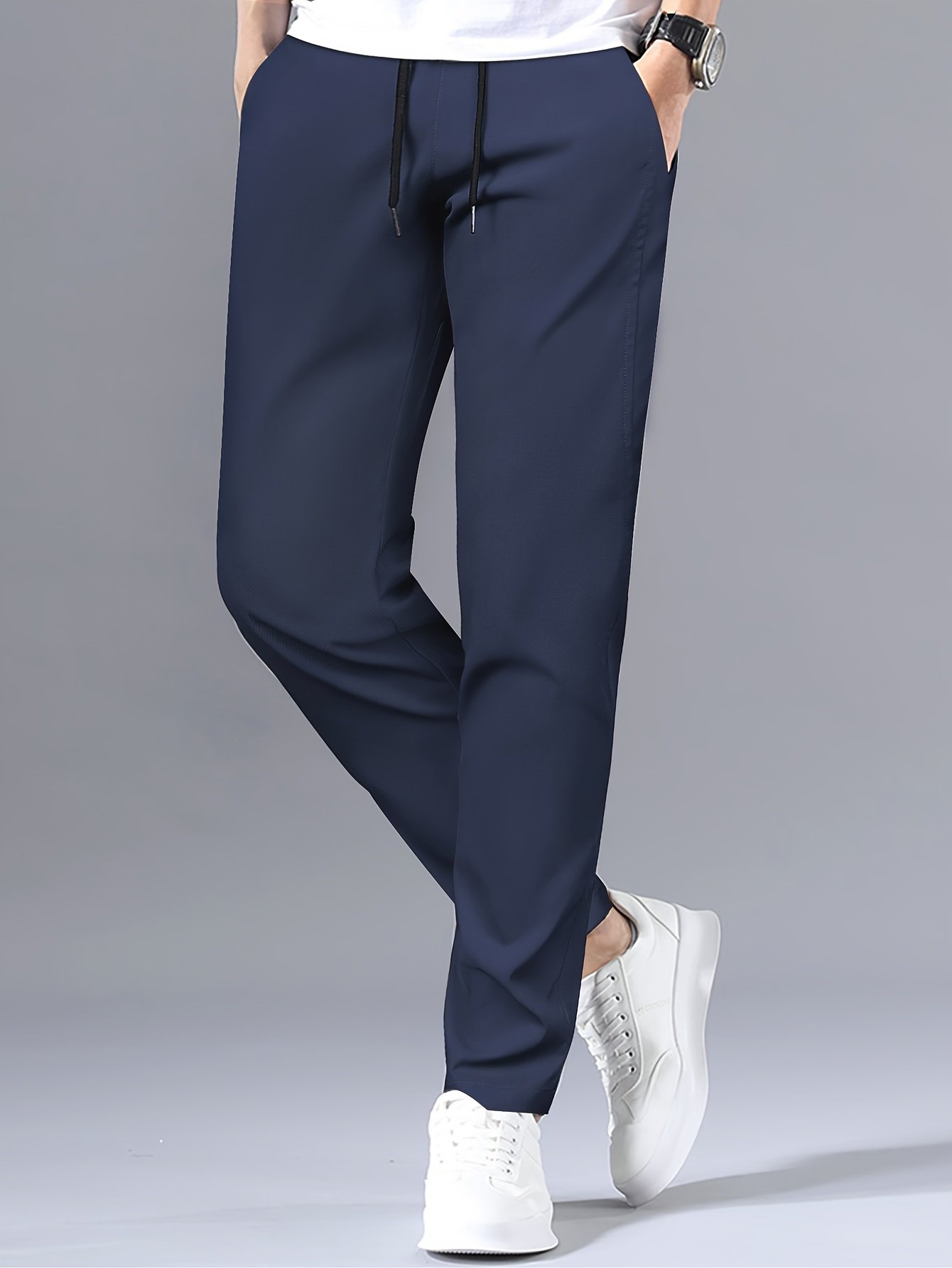 Men??s Stylish Solid Pants With Pockets, Casual Breathable Drawstring Men??s Trousers For Outdoor Activities