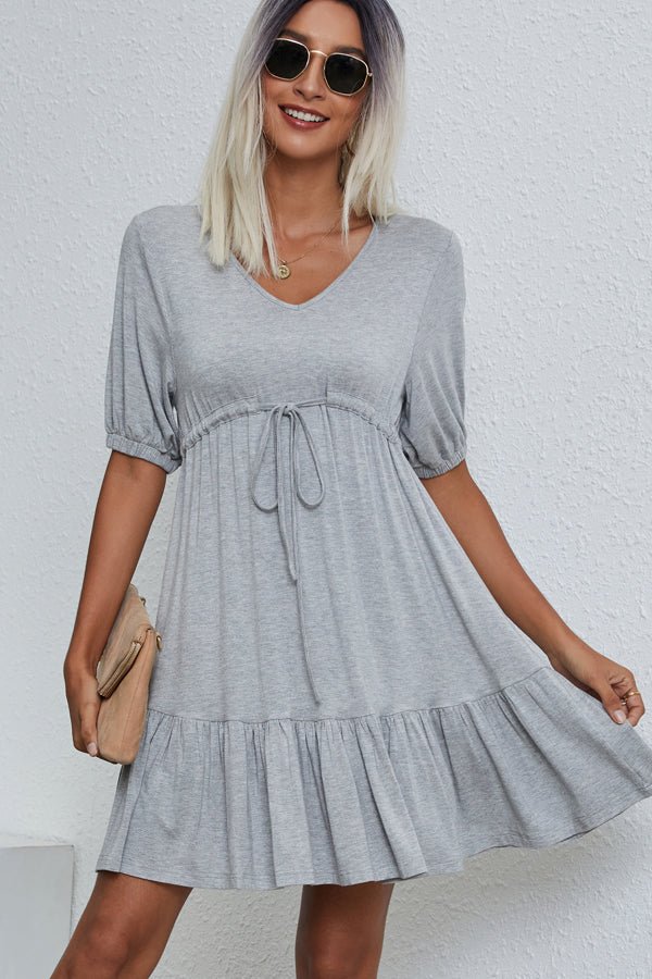 V Neck Drawstring Waist Solid Casual Mini Dress - Image 3
