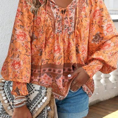 Floral Print Long Sleeve V Neck Casual Tops
