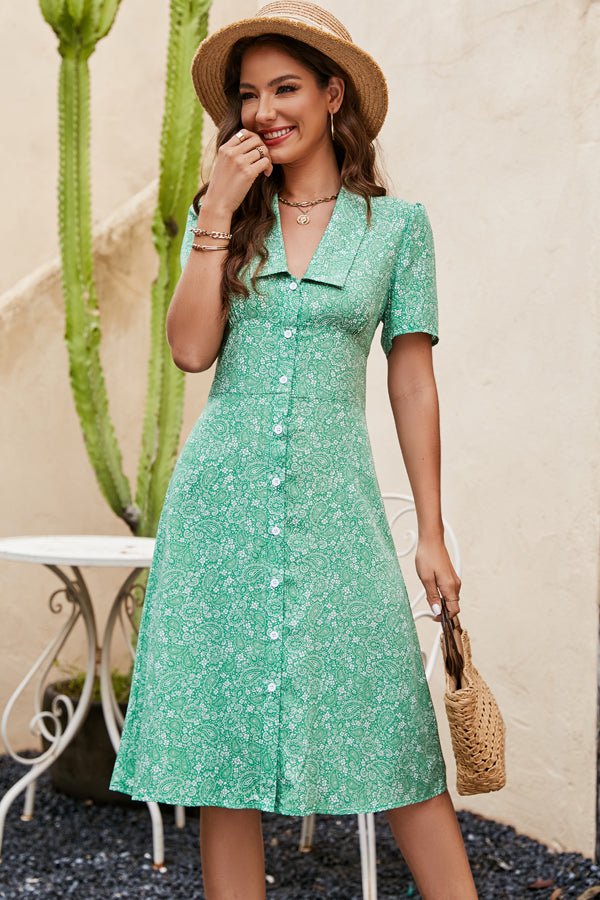 V Neck Button Up Floral Print Casual Dress - Image 2