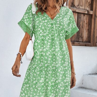 Floral Print V Neck Ruffled Casual Dress
