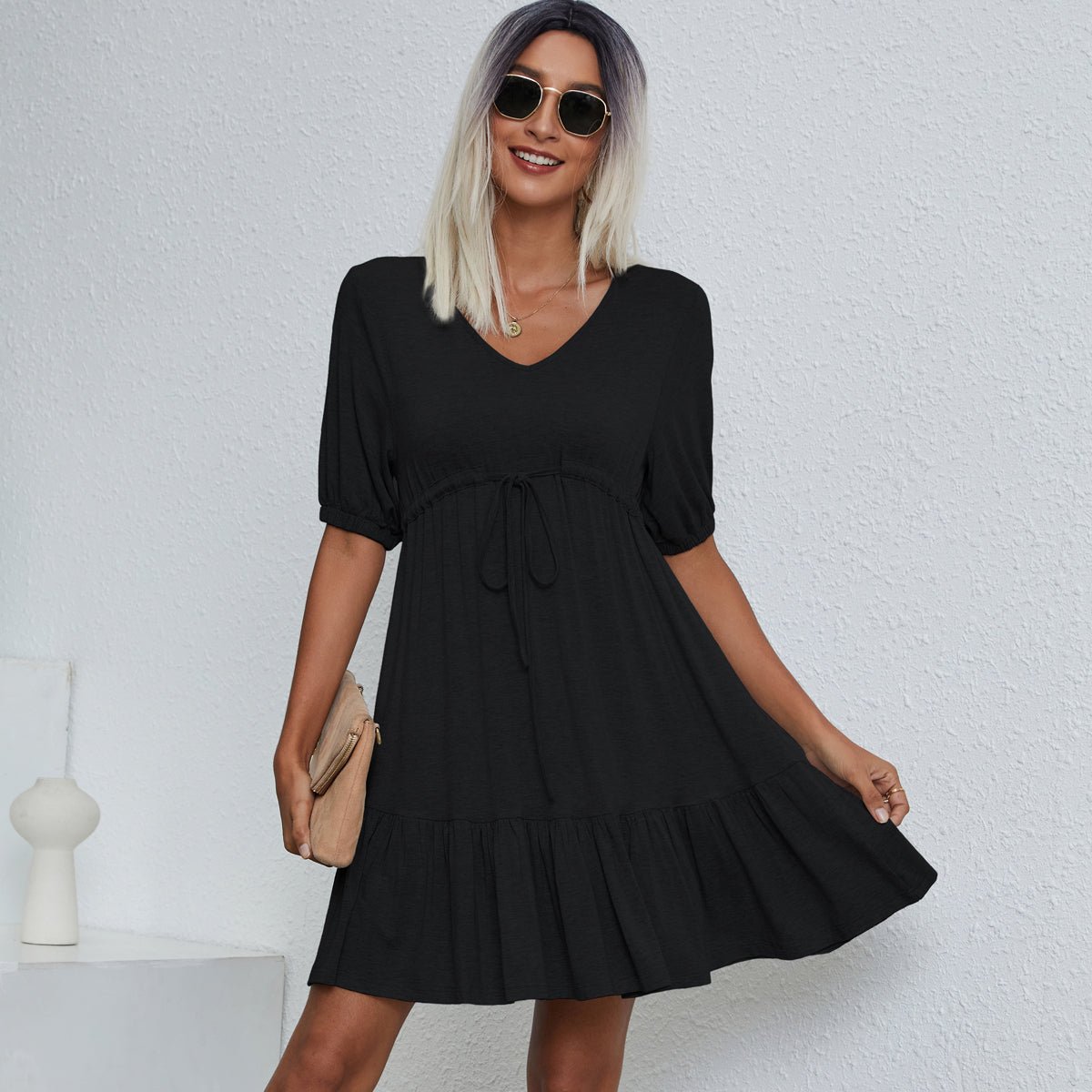 V Neck Drawstring Waist Solid Casual Mini Dress - Image 5